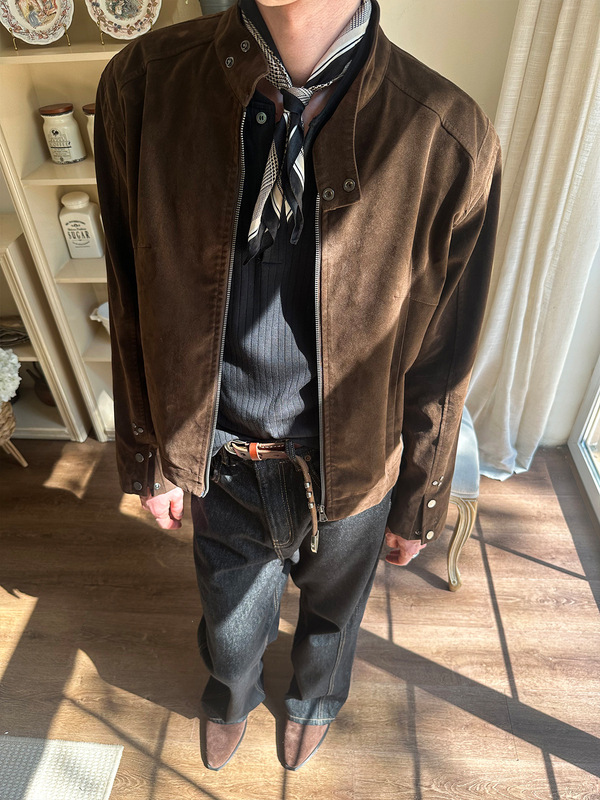 EME男装 25秋冬翻绒皮复古小众高级感Vintage立领拉链夹克外套|undefined