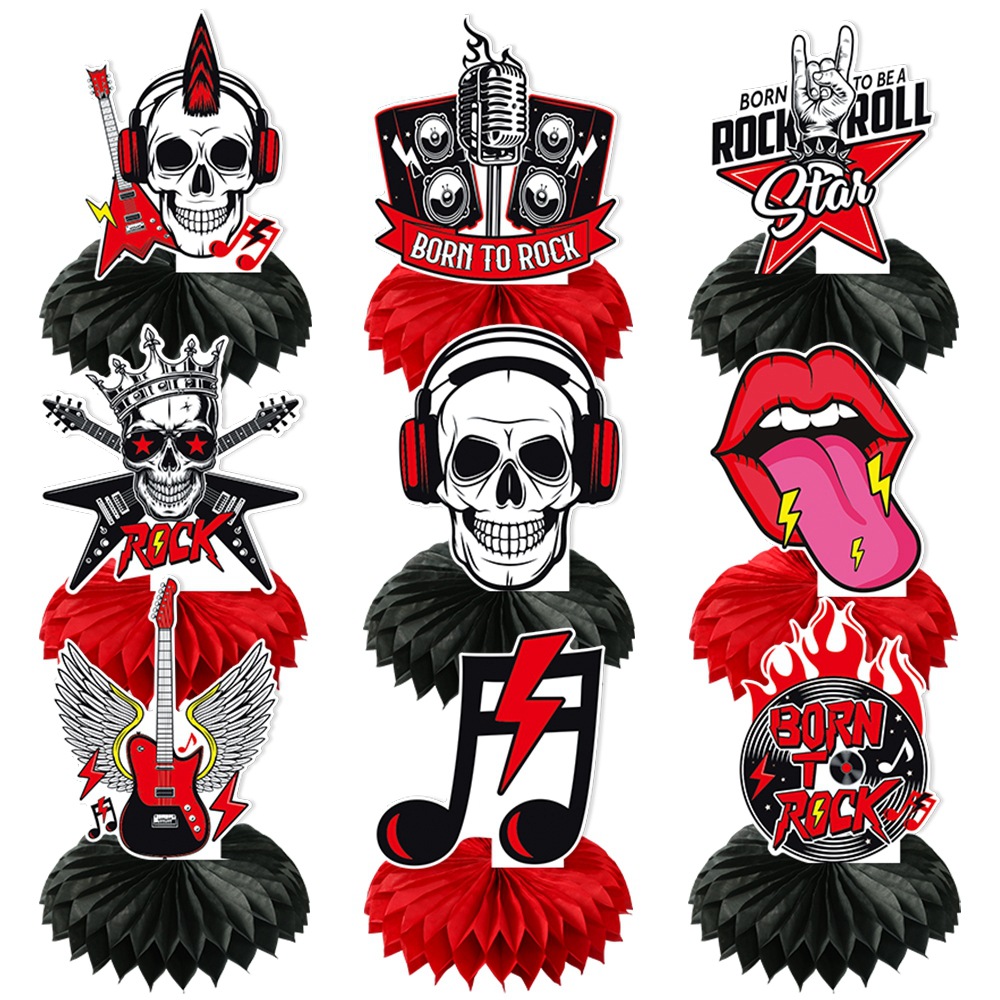 Rock transfronterizo decoración de fiesta de cumpleaños tira banderas colgantes espirales diseño de fiestas temáticas de rock colgantes