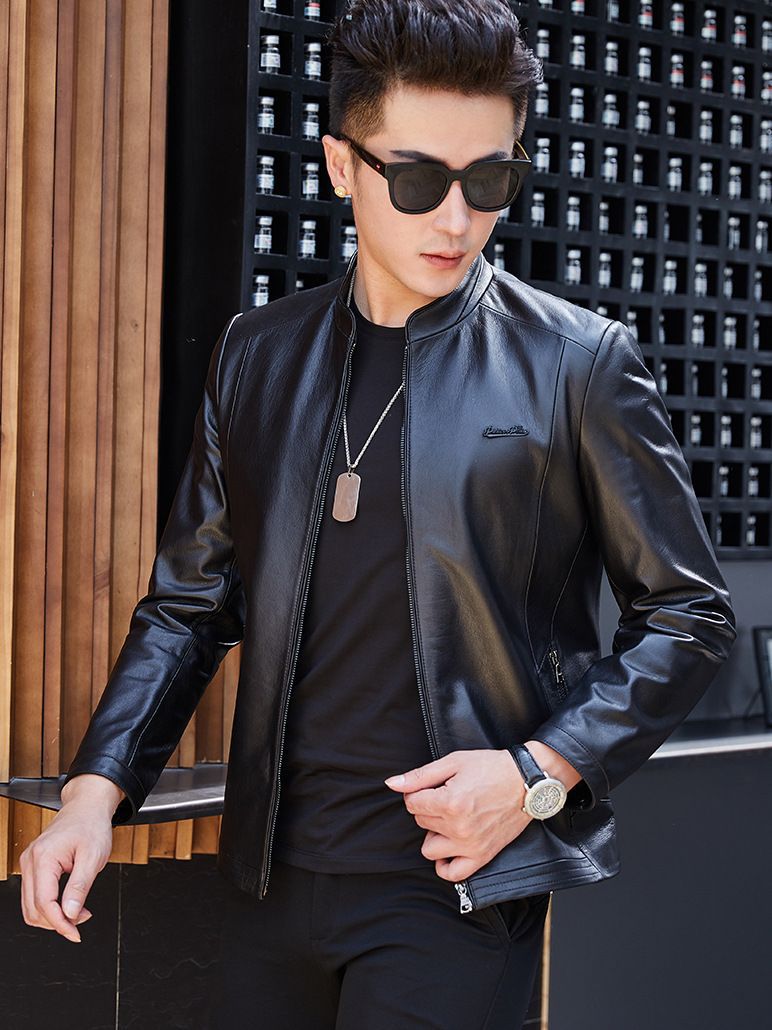 New Leather Men's Haining Leather Collar Layer Cowhide Autumn and Winter Middle-aged Business Casual Black Leather