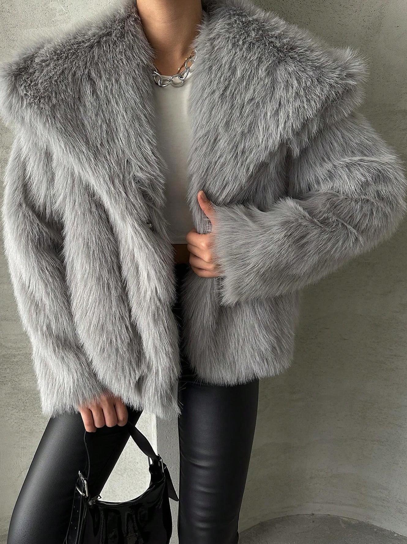 1743g Weight Faux Fur Coat Outerwear Type Long Sleeve Sleeve Length Polyester Fabric Type Regular Top Length Coat Tops Type Daily Occasion Turndown Neckline Loose Fit Type Solid Color Pattern Winter, Spring, Autumn Season Women's Gender Elegant Style Wine Red Color Women's Elegant Solid Color Coat Faux Fur Coat 5