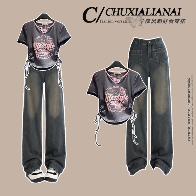 Fashion Suit # New Printed Drawstring Versatile Top Paired with Slim Straight High-Waisted Retro Versatile Jeans