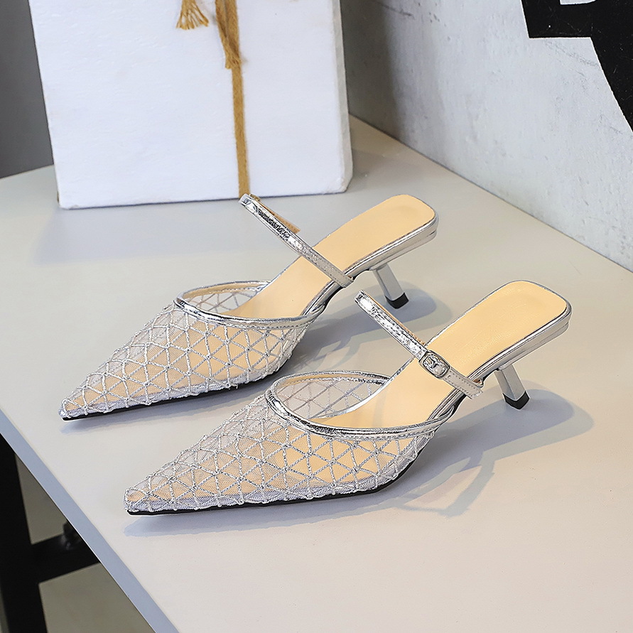 5131-2 French Style Mesh Lace Pointed Toe Stiletto Heel Mules For Women, Hollow Sexy One-Strap Slippers_vogvips.com