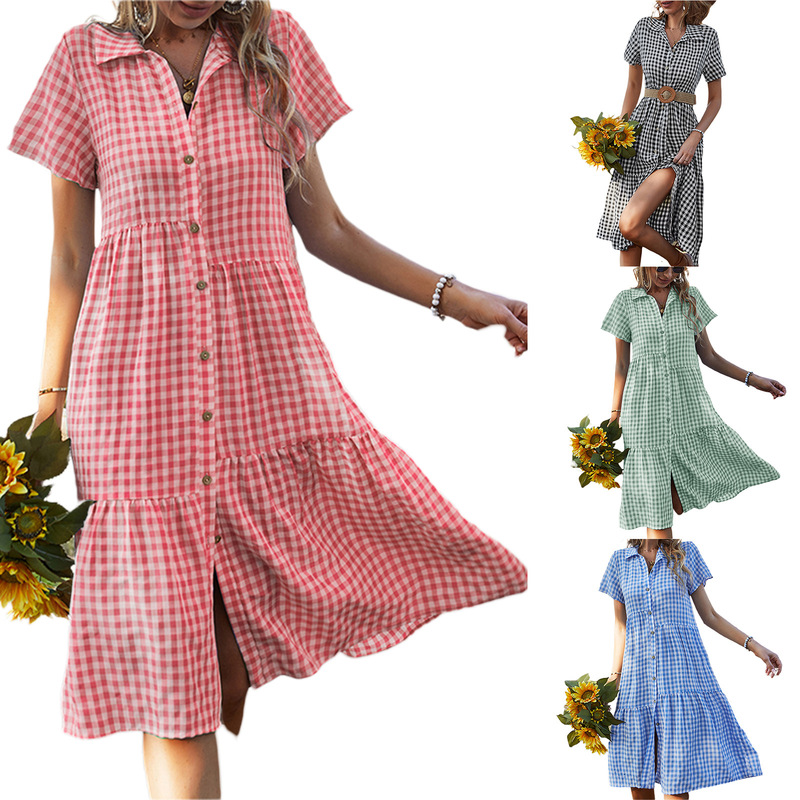2025 Amazon Independent Station Summer New Women's Plaid Dress Shirt Collar Casual Skirt Manufacturer 2025 Amazon Independent Station Summer New Women's Plaid Dress Shirt Collar Casual Skirt Manufacturer