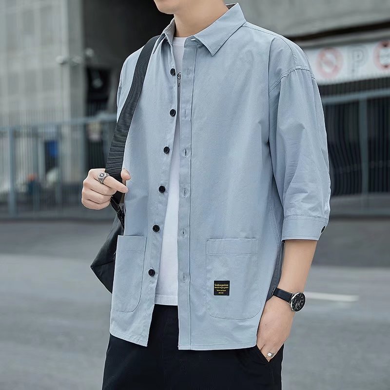 Summer Seven-point Sleeve Shirt Men's High-end Workwear Handsome Casual Seven-point Shirt Loose Short-sleeved Hong Kong-style Thin Jacket