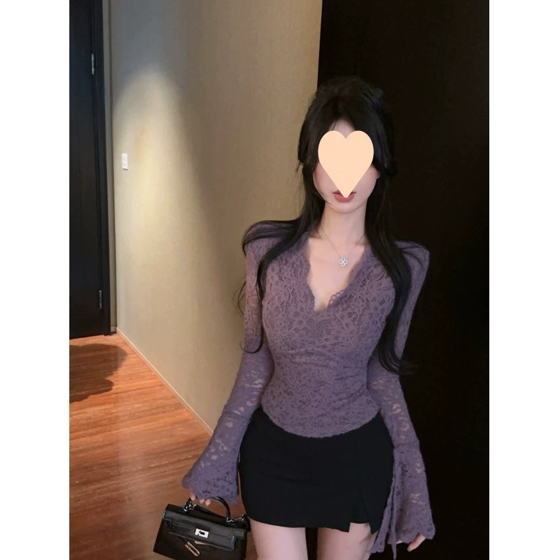 Сексуальный воротник фиолетовый с длинными рукавами кружева женская весенняя талия тонкая и тонкая