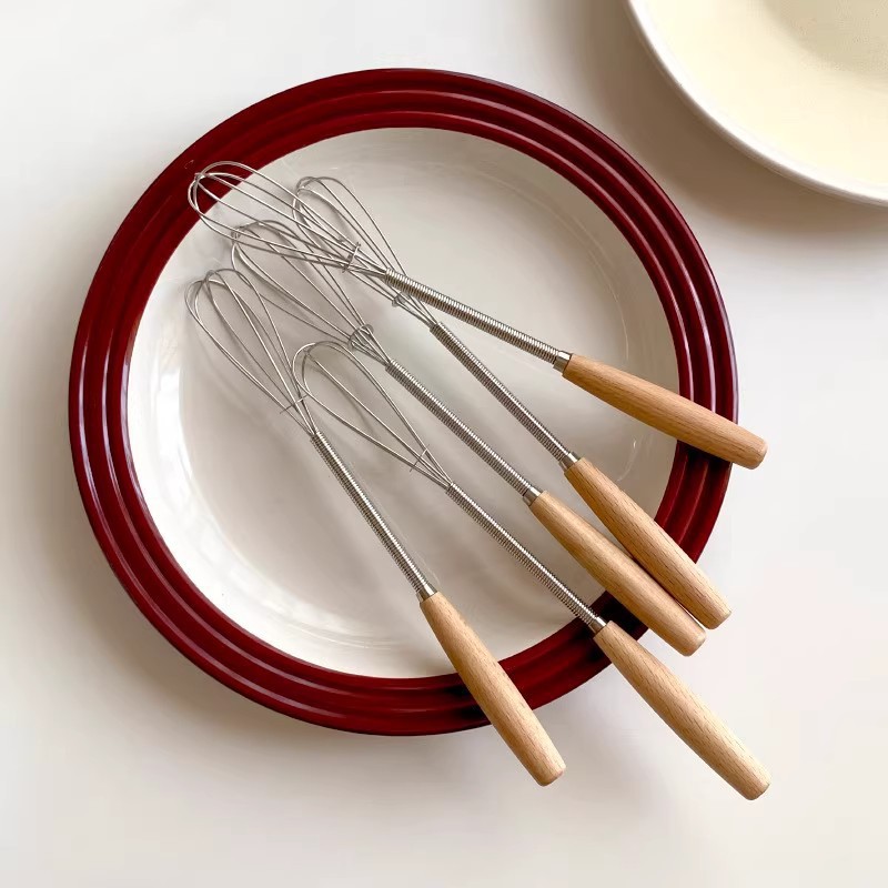 Wooden Handle Stainless Steel Egg Beater Japanese Style Manual Cream Whipper Household Baking Tool Mini Egg Stirring Stick