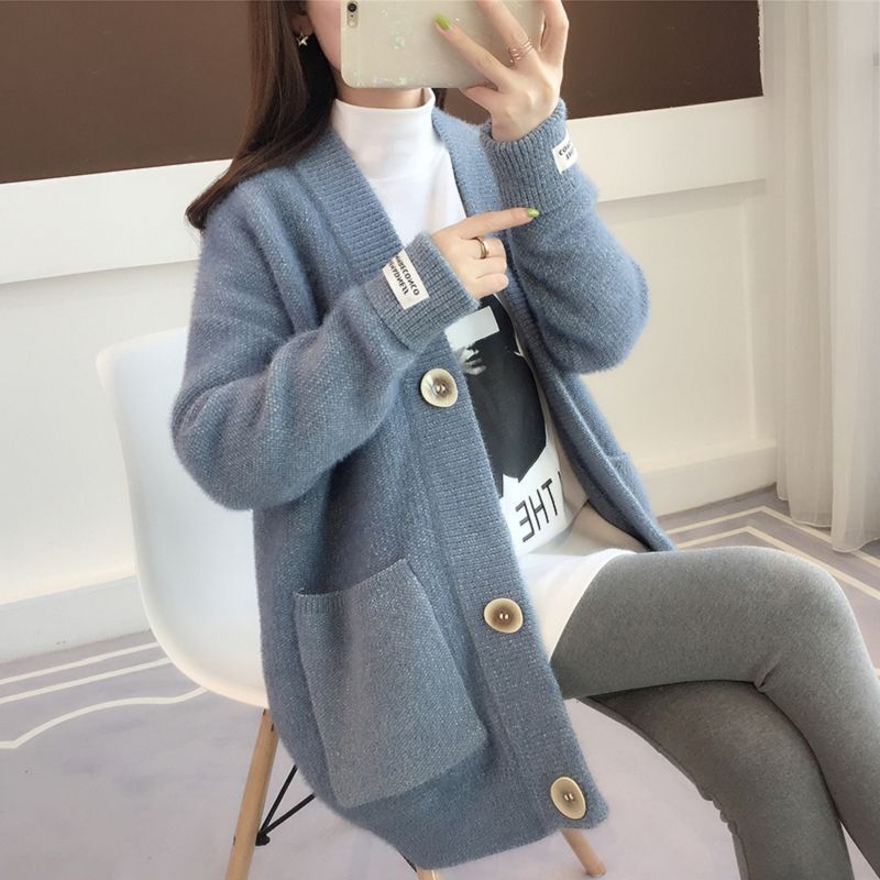 Lazy Style Knitted Cardigan Jacket for Women 2023 Autum K-Style New Pure Color Loose Large Size Mid-Length Sweater