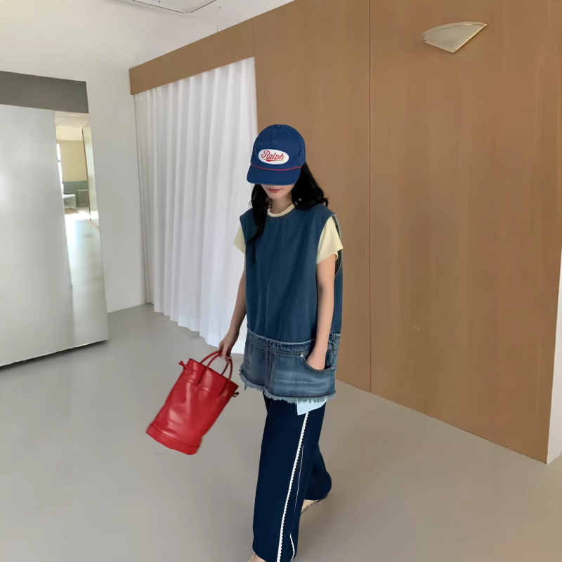 Spring Denim Layered Long Vest Sweet Cool Style Patchwork Mid-Length Vest for Women 2026 Korea Dongdaemun