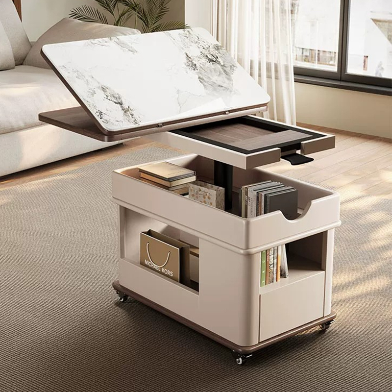 Folding and adjustable coffee table and dining table with storage drawers, multifunctional movable side table for small living spaces