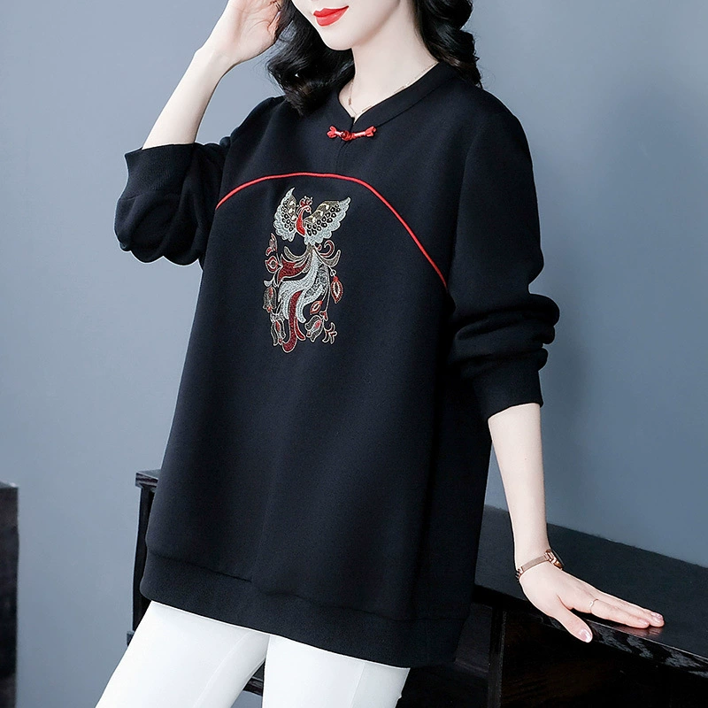 Осень и зима большого размера в стиле ретро вышивка темперамент свободный с длинными рукавами свитер топ среднего возраста толстая мама MM женская одежда