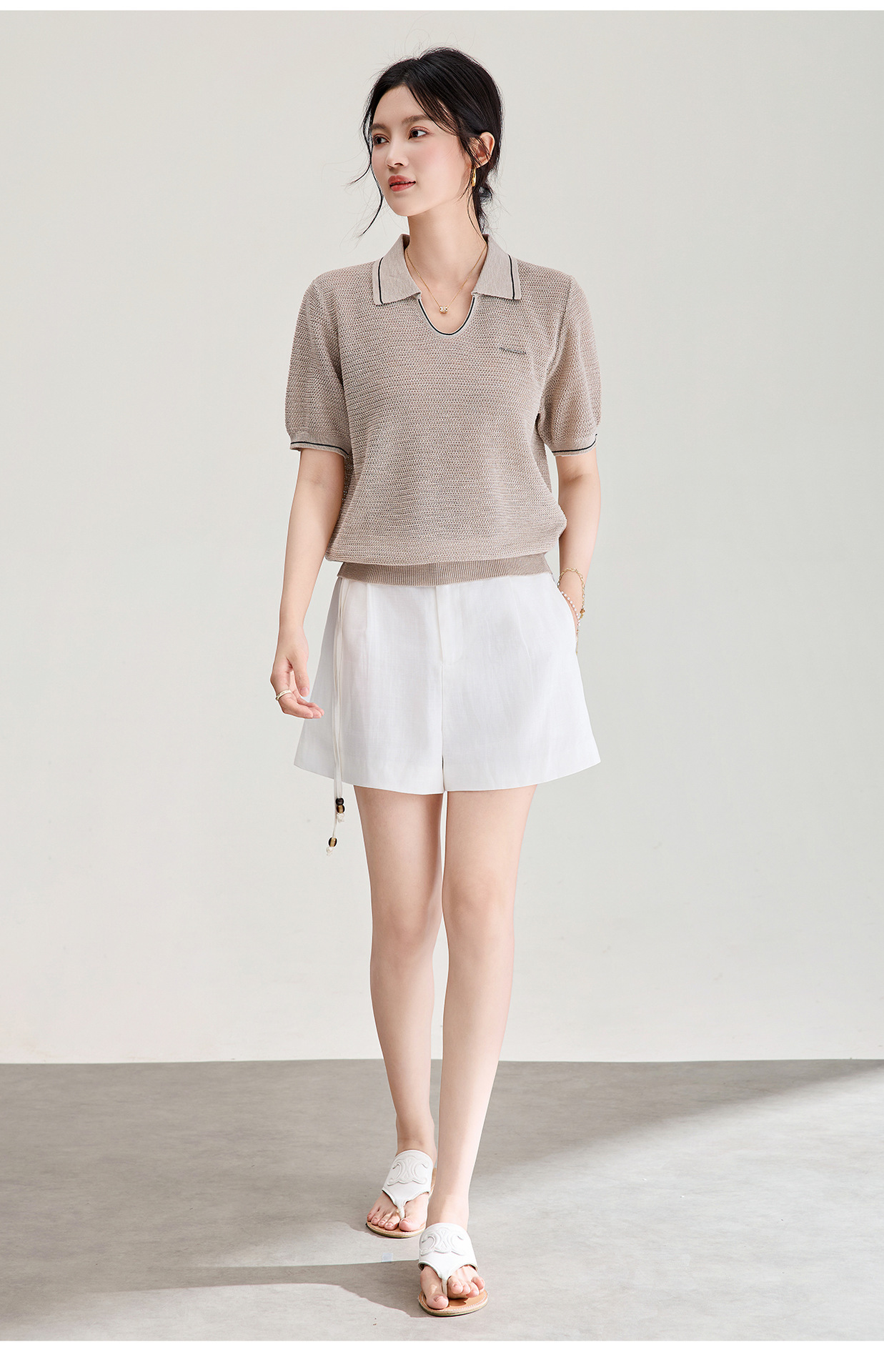 Quần short nữ cạp cao dây buộc phong cách quốc phong rộng thùng thình đính cườm — Xanh lông mòng đen chi tiết 23