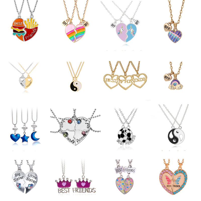 European and American alloy oil dripping explosions BFF good friend stitching unicorn necklace love French fries rainbow pendant necklace