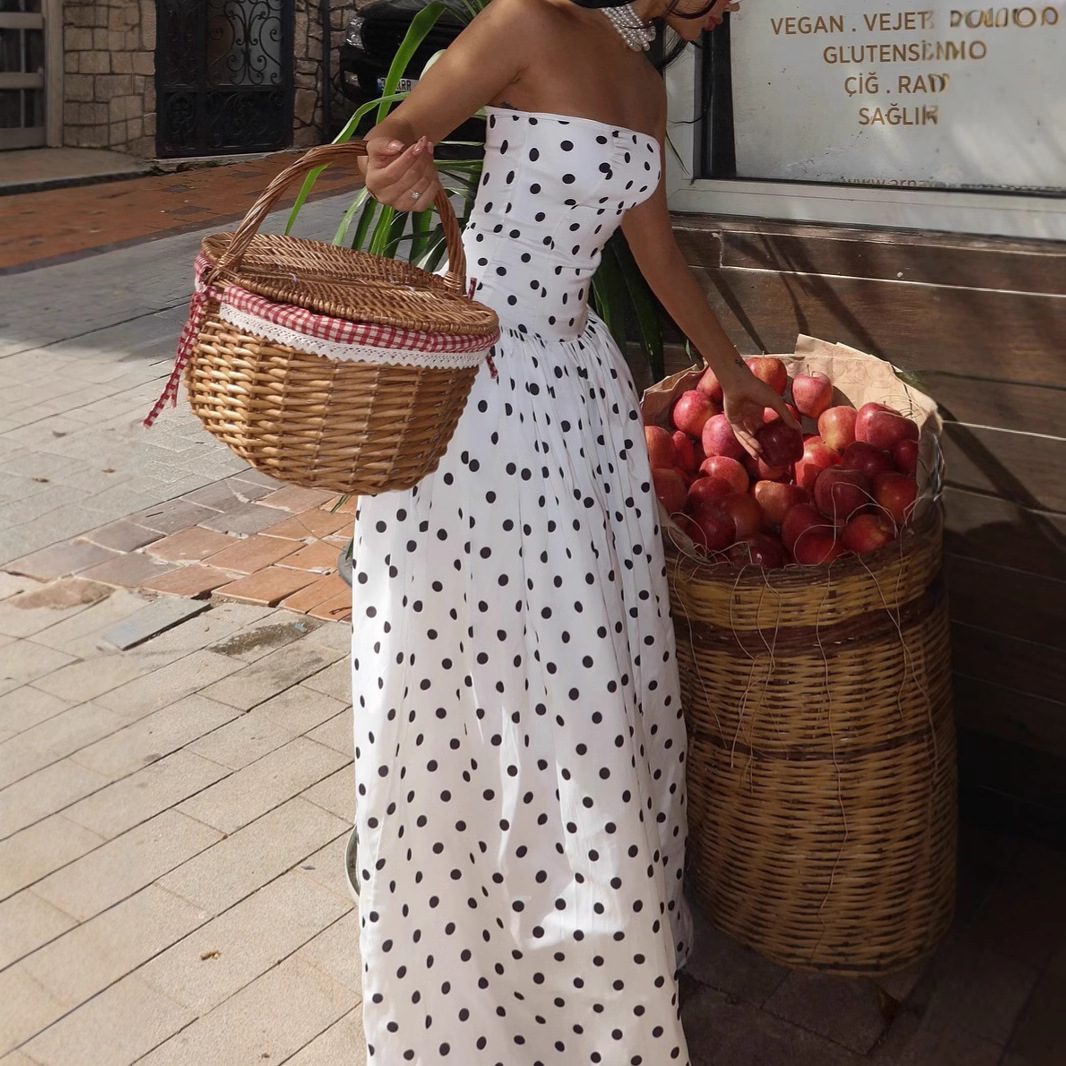 Summer New Arrival Polka Dot Retro Strapless Dress For Women American Style Off Shoulder High End Fashionable_ecoleips.com