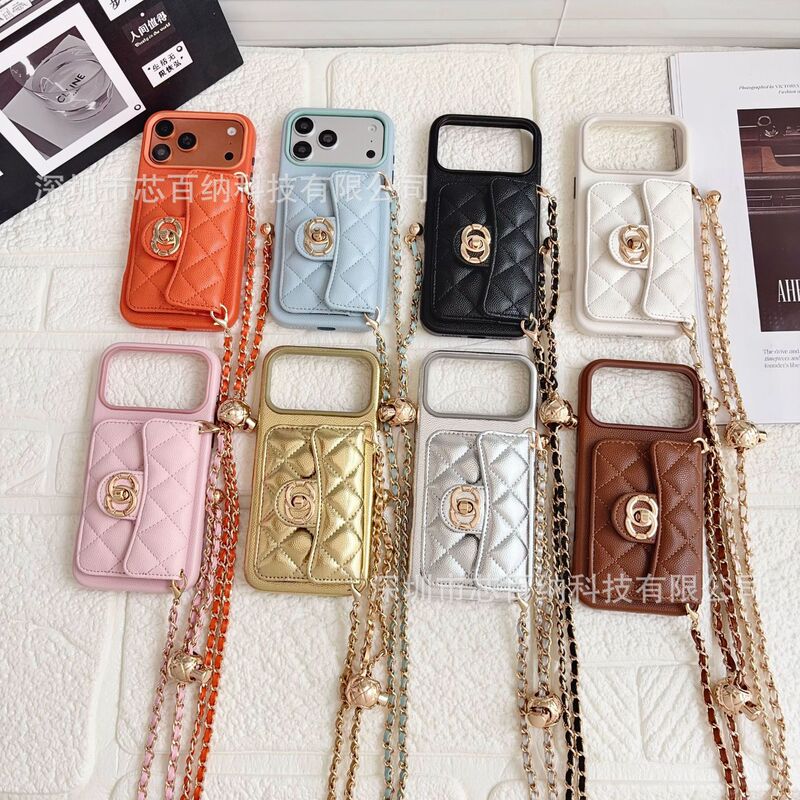 European and American trendy brand caviar case suitable for iPhone 17 Pro Max, with card slot and crossbody strap, fully covered for iPhone 13