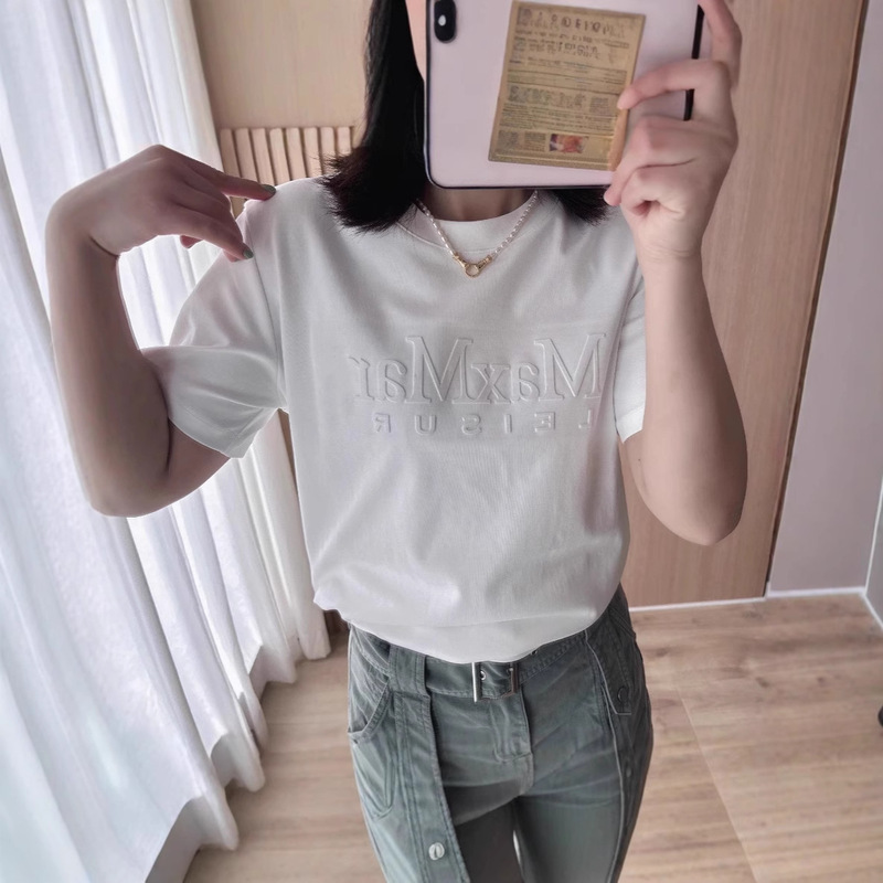 High-End Max Brand Short-Sleeve Women's T-Shirt with Double m Embossed Letters, Solid Color, Casual Round Neck, Simple and Stylish, Versatile T-Shirt High-End Max Brand Short-Sleeve Women's T-Shirt with Double m Embossed Letters, Solid Color, Casual Round Neck, Simple and Stylish, Versatile T-Shirt