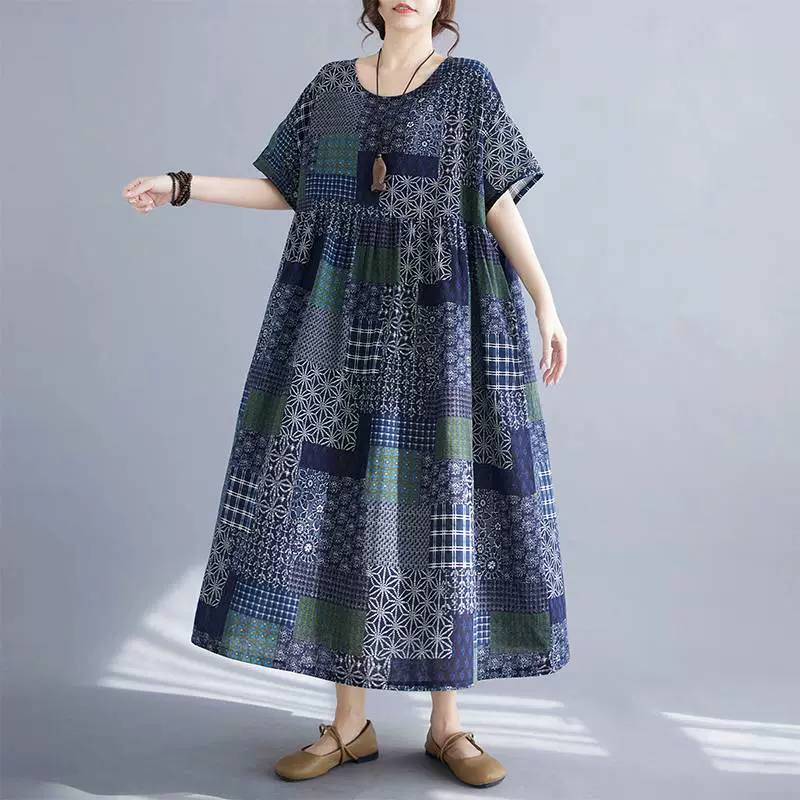 Платье ретро летнее, плюс size, хлопок и лён, свободный крой, с коротким рукавом