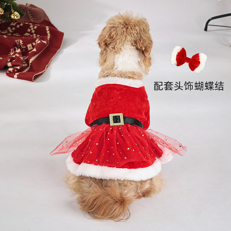 Navidad para mascotas ropa de perro vacaciones vestir arco rojo Navidad oro terciopelo malla falda