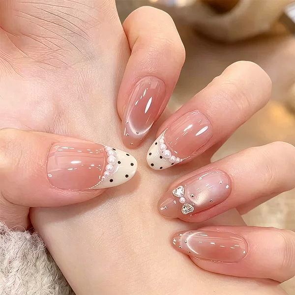 Polka Dot French Style Press-On Nails with Translucent Nude Cat Eye and Bowknot, Pure and Gentle, Enhances Skin Tone, Finished Nail Art Wholesale