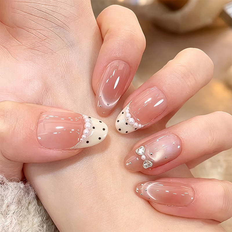 Polka Dot French Style Press-On Nails with Translucent Nude Cat Eye and Bowknot, Pure and Gentle, Enhances Skin Tone, Finished Nail Art Wholesale Polka Dot French Style Press-On Nails with Translucent Nude Cat Eye and Bowknot, Pure and Gentle, Enhances Skin Tone, Finished Nail Art Wholesale