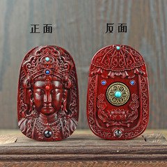 Zitan Double-Sided Carved Guanyin Head Pendant, Sandalwood and Purple Sandalwood Dual Wood Carving Duhuo Statue, Computer 3D Wood Sculpture Necklace Pendant