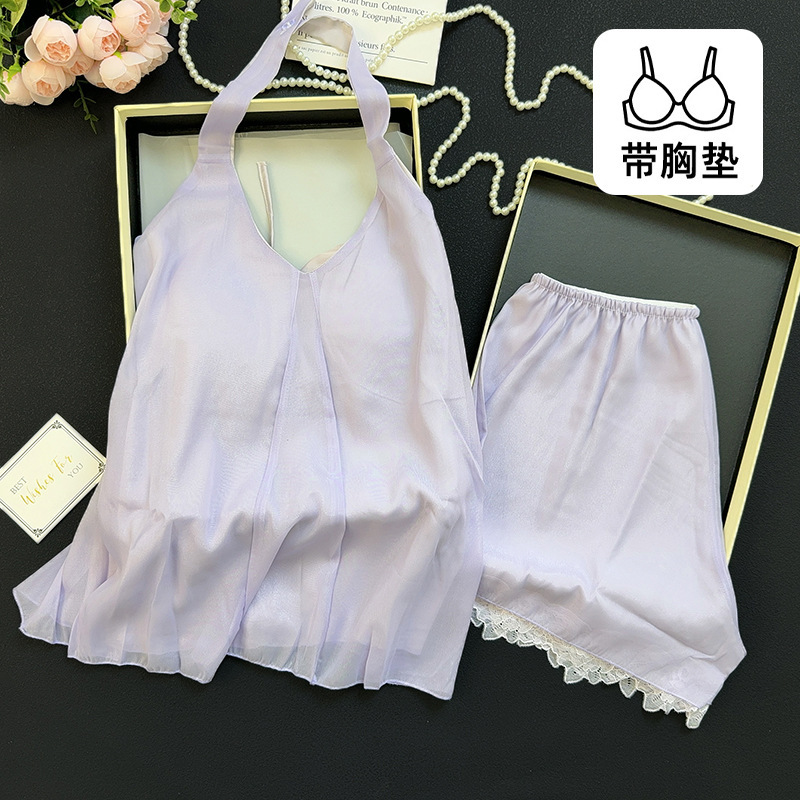 French-style sexy halter neck ice silk pajamas for women with chest pads and shorts, summer organza princess style, can be worn as home clothes French-style sexy halter neck ice silk pajamas for women with chest pads and shorts, summer organza princess style, can be worn as home clothes