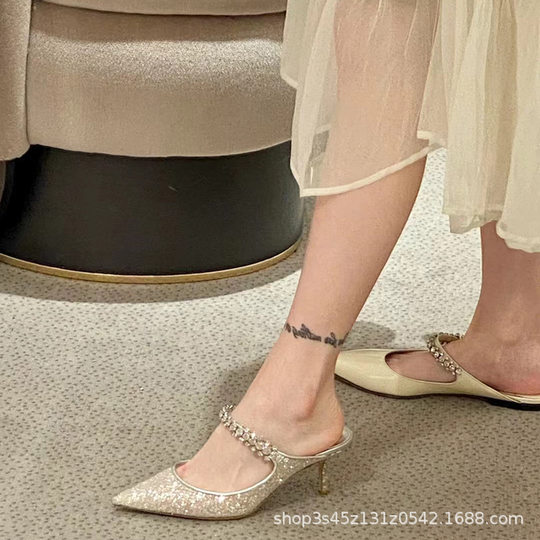 Flat slippers women's summer wear 2024 rhinestone Pearl ins All-match genuine leather closed toe half slippers sandals Muller shoes
