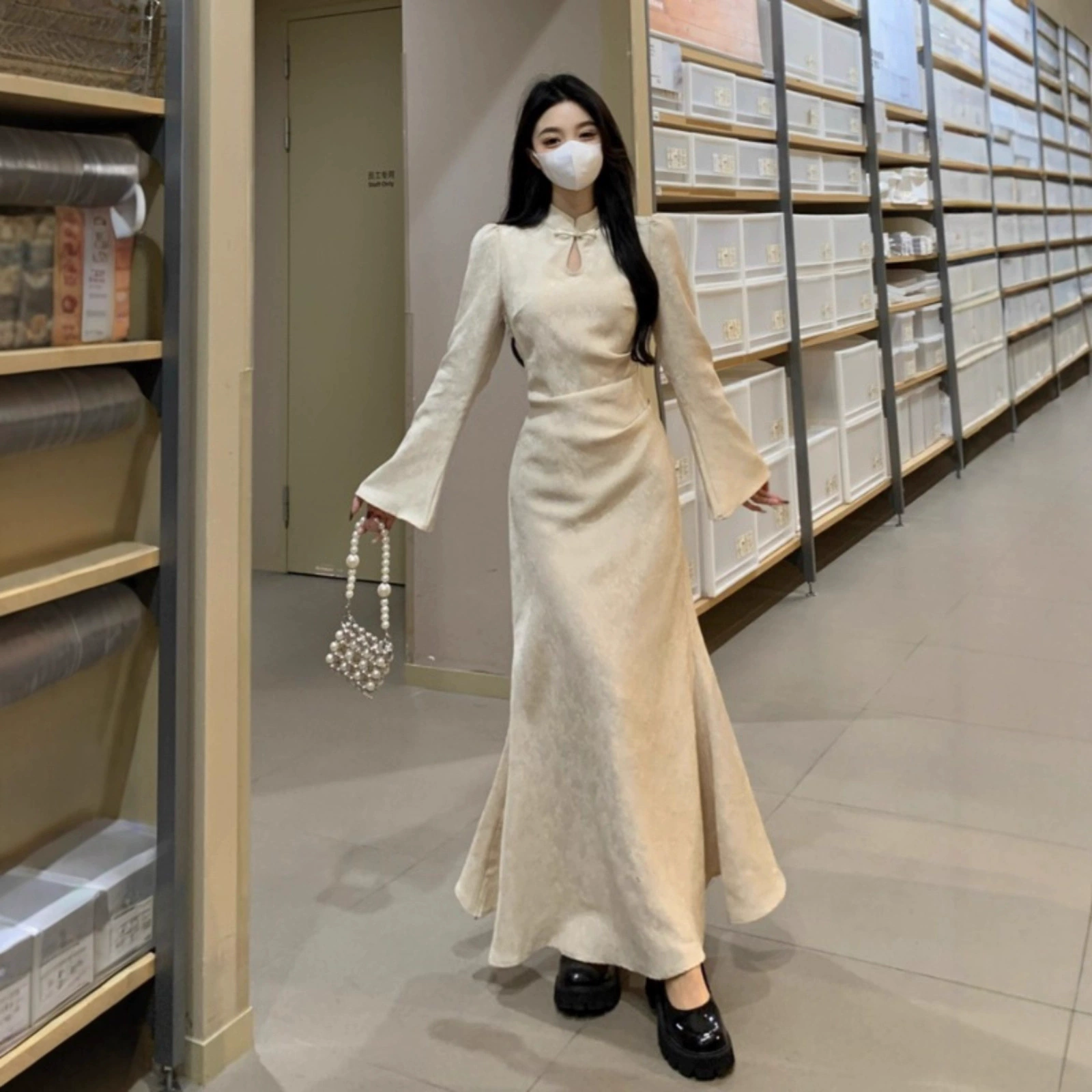 Платье цисан (cheongsam) для женщин, французский стиль осень, макси с юбкой и бретельным дизайном, больших размеров