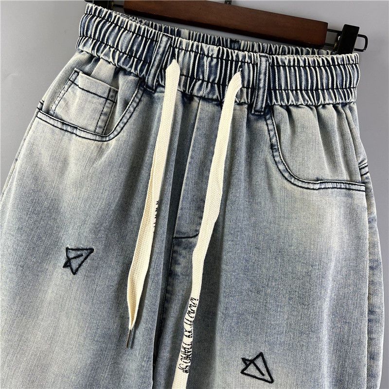 Men's Jeans Embroidery Trendy Pockets Personalized Elastic Waist Versatile Harlan Casual Pants_voghion.com