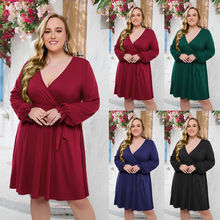 欧美外贸热销时尚气质纯色V领大码连衣裙