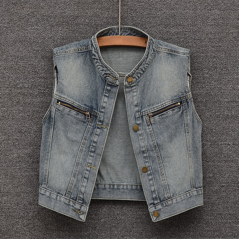 American Retro Stand-Collar Fashion Denim Vest for Women, 2026 Summer New Style, Sleeveless Slim-Fit Short Vest American Retro Stand-Collar Fashion Denim Vest for Women, 2026 Summer New Style, Sleeveless Slim-Fit Short Vest