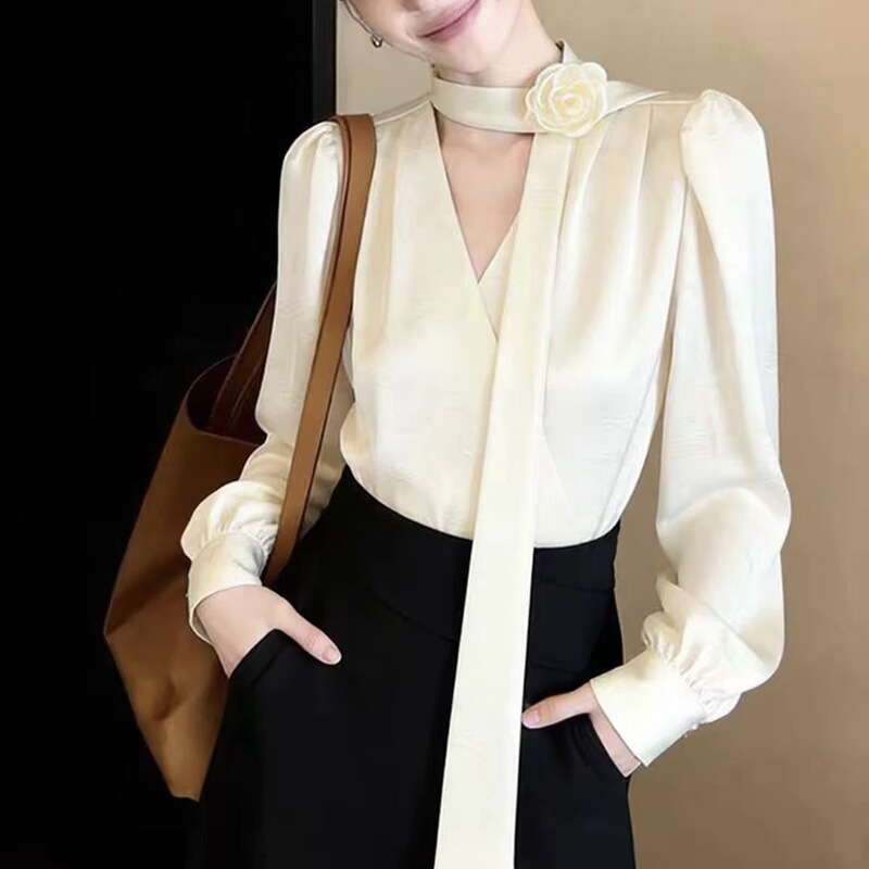 2026 Autumn Rose Brooch Ribbon Blouse for Women, New Professional Commuting Shirt, French Style Elegant V-neck Top