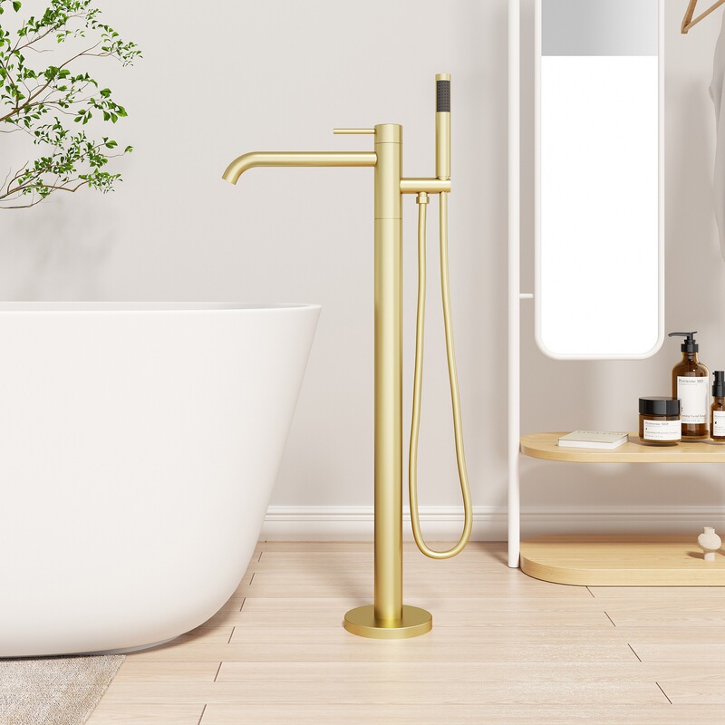 Cross-Border American Floor-Standing Faucet Minimalist Style Brushed Gold Bathtub Faucet Hot and Cold Floor-Standing Bathtub Faucet for Home Use