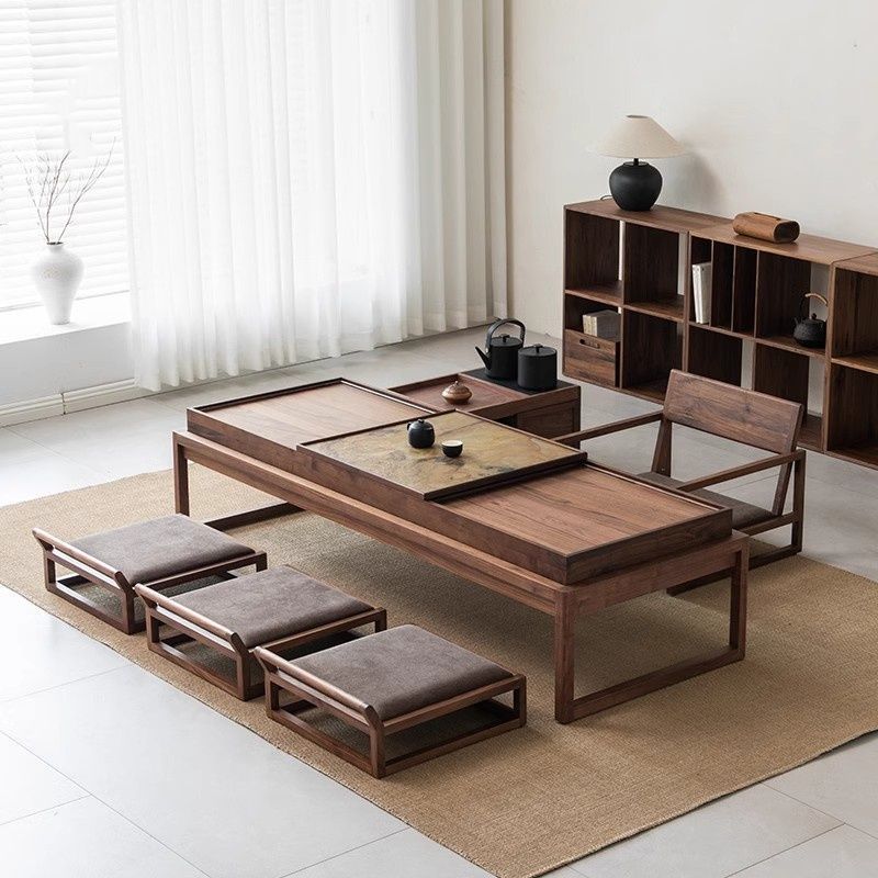 High-end balcony tea table made of black walnut solid wood, new Chinese-style low table with Zen-inspired Song-style aesthetics, tatami tea table