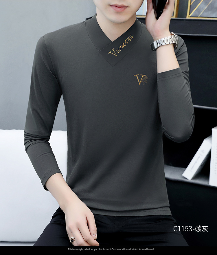 2022秋季V领新款长袖男士T恤韩版男装打底衫休闲男式T恤上衣批发 pic 13