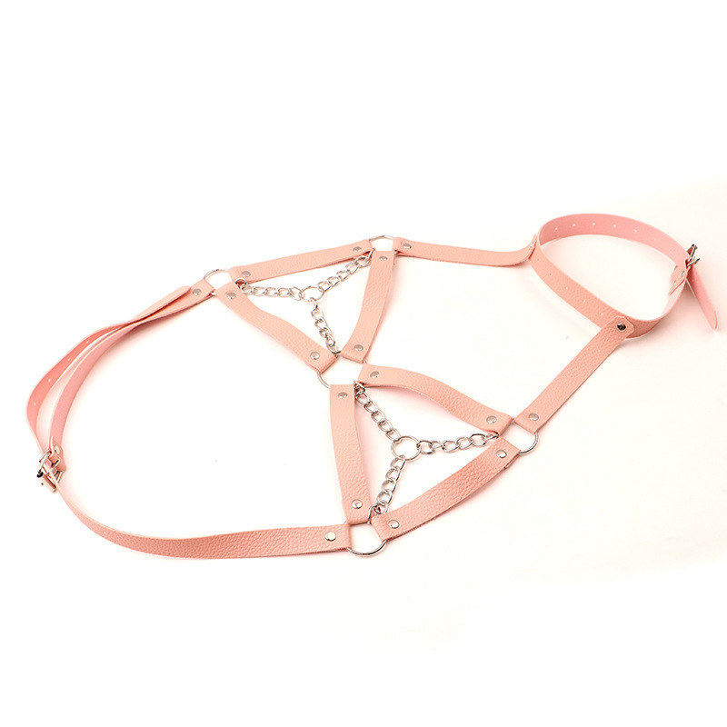 Chain Bra Lingerie with Leather Hand and Leg Restraint Cuffs, Pink One Size — detail image 3