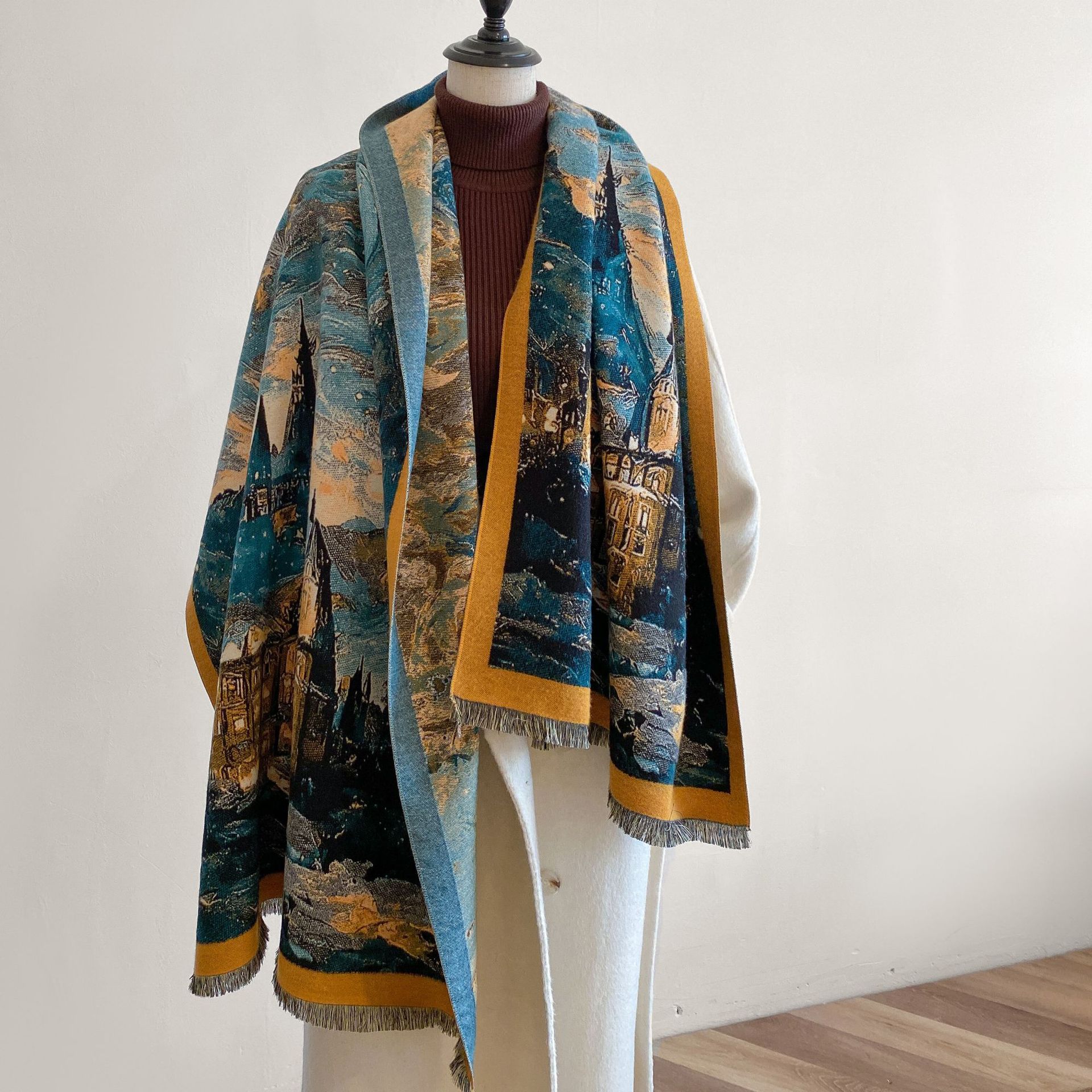 Estilo coreano de alta calidad bufanda Castillo pintura al óleo estilo invierno versátil retro Cachemira-como de doble cara luz cálida bufanda de lujo