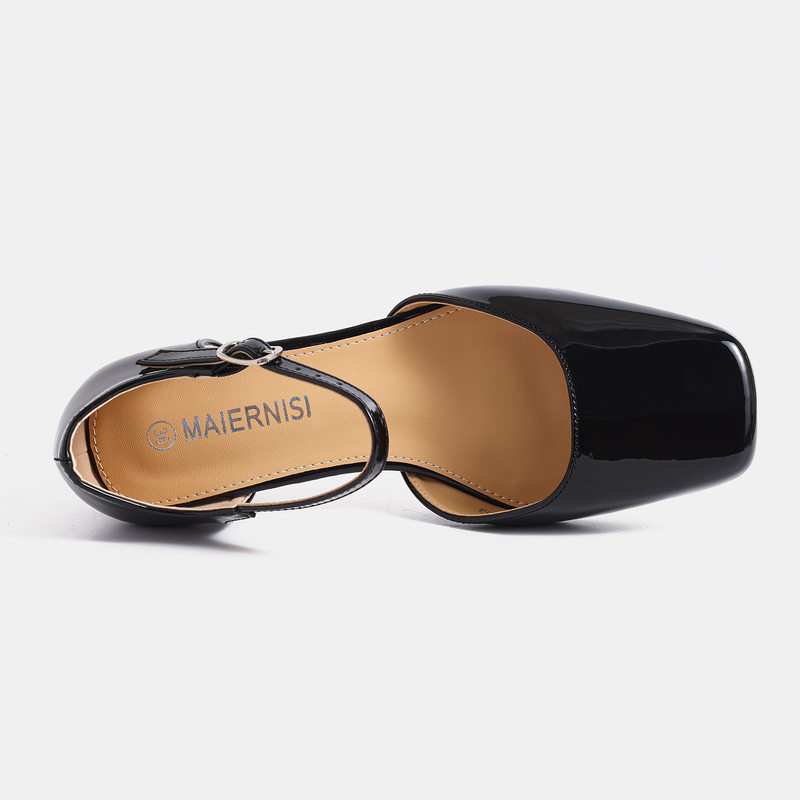 Giày sandal Mary Jane nữ bít mũi quai ngang gót thô 3–6 cm — Rượu vang đỏ, màu mơ, đen
