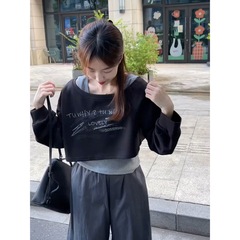 黑色一字肩长袖无帽卫衣女款2025新款秋季女士韩系短款小个子上衣
