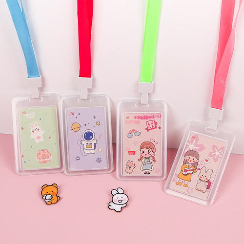 Creative cartoon transparent ID card holder for students with lanyard waterproof employee work badge bus card holder wholesale