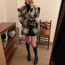 2025秋冬新款格子海军领双面绒加绒厚大衣女款宽松小个子毛呢外套