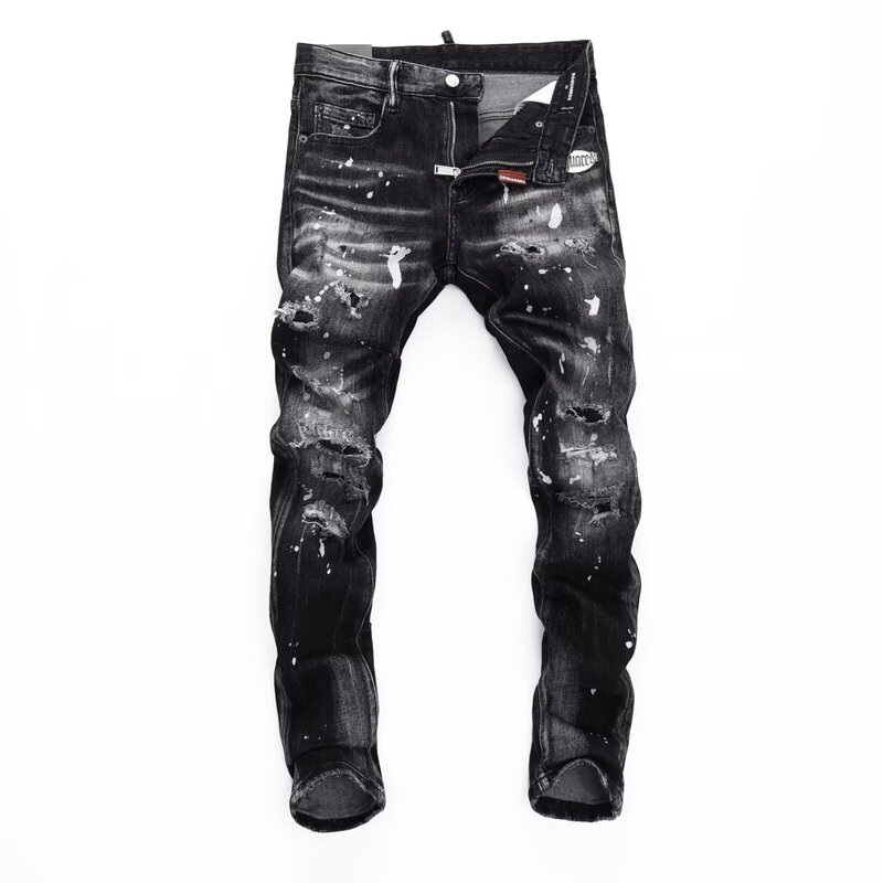 European style American trendy brand new black and gray washed distressed patched paint graffiti stretch hip-hop jeans for men European style American trendy brand new black and gray washed distressed patched paint graffiti stretch hip-hop jeans for men