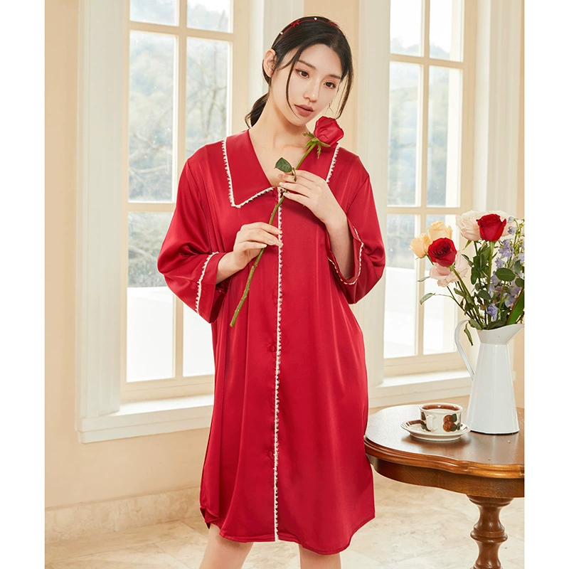 Свежая и милая ~ Ночная рубашка из ледяного шелка Женская весна-лето с тонким длинным рукавом Свободная рубашка в стиле ретро с острым воротником и воротником, пижама