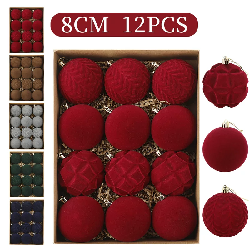 Chenlin new velvet ball flocked Christmas tree pendant burgundy dark green Christmas decoration 8cm/12PCS Christmas ball