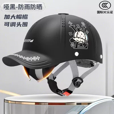 Peaked Cap Summer Sun Protection Helmet 3C Certified Electric Vehicle Motorcycle All-Season Safety Helmet Half Helmet High-End (Motosiklet kaskı (dəbilqə)) - 3c-certification-matte-black-built-in-sunglasses-laser-printing