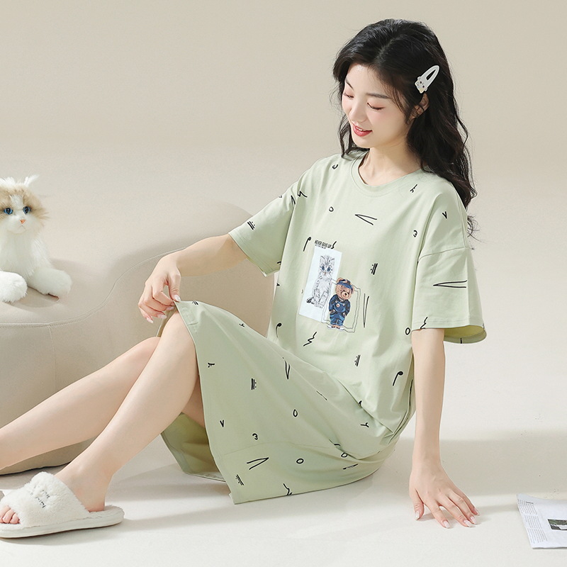 [Personalizado] 7A pijama de manga corta de algodón antibacteriano de gran tamaño gordo m200 kg camisón de maternidad verano femenino dulce y lindo