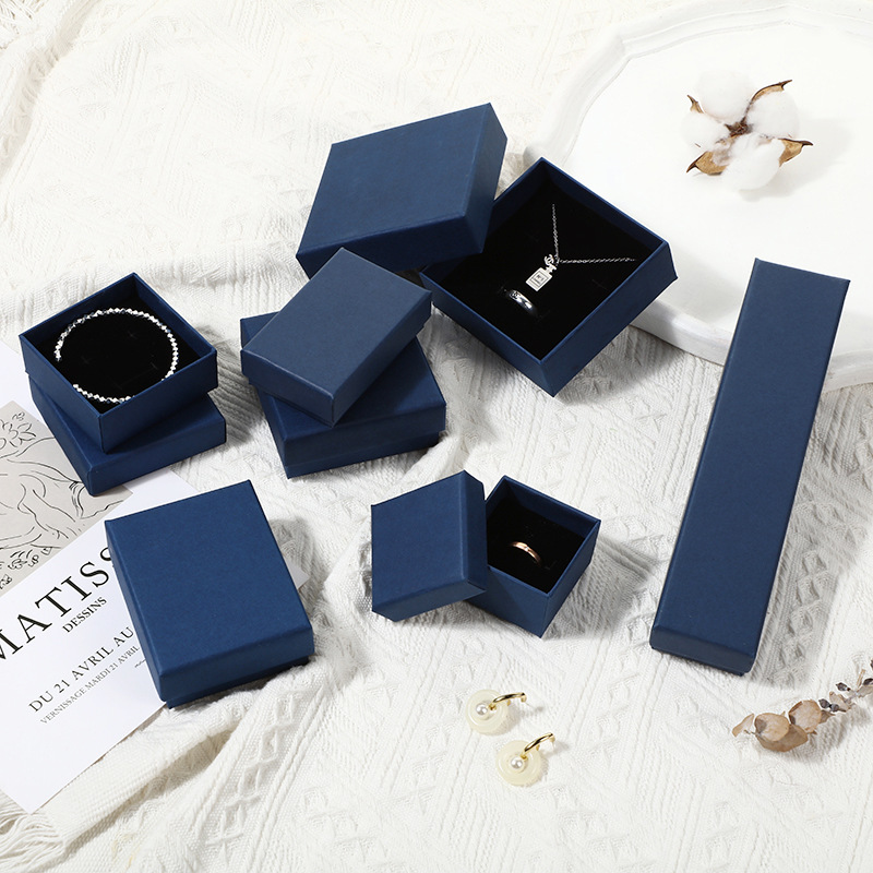 天地盖蓝色牛皮纸礼品首饰盒项链戒指饰品盒包装盒海绵手链