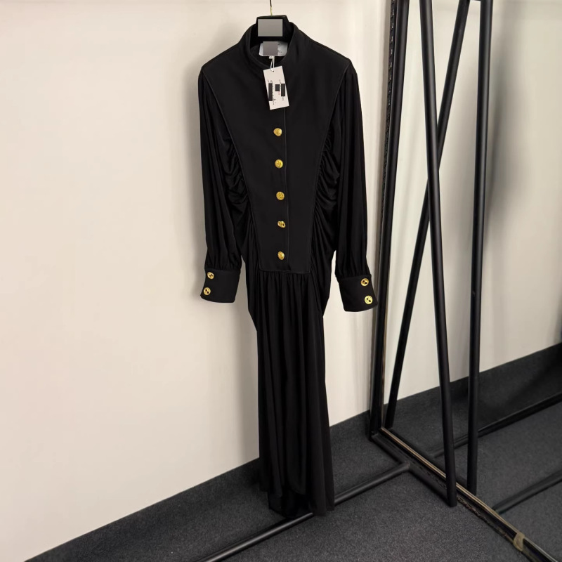 New Foreign Trade High-End Elegant Irregular-Shaped Gold Button Pleated Bodycon Waist-Cinching Stand-Collar Long-Sleeve Dress Long Skirt