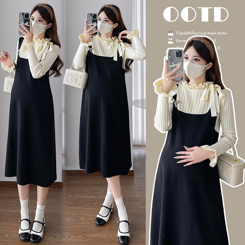 2025 New Fake Two-Piece Maternity Dress Knitted Thickened Bow Sweater Maternity Dress 2025 New Fake Two-Piece Maternity Dress Knitted Thickened Bow Sweater Maternity Dress