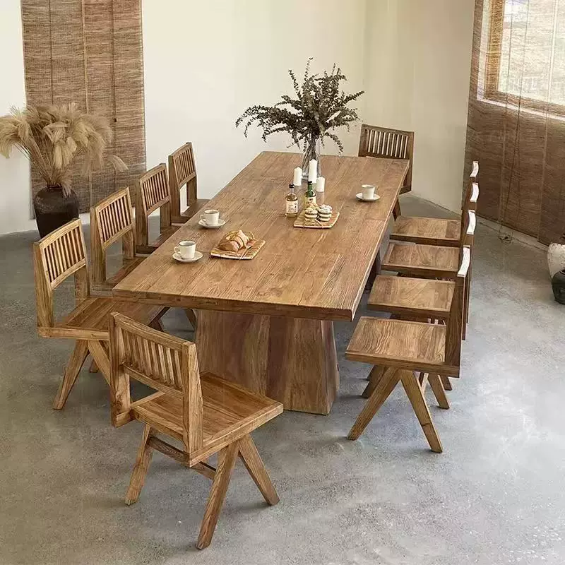 老榆木成套餐桌椅实木茶桌办公室会议桌民宿长桌侘寂风大板桌