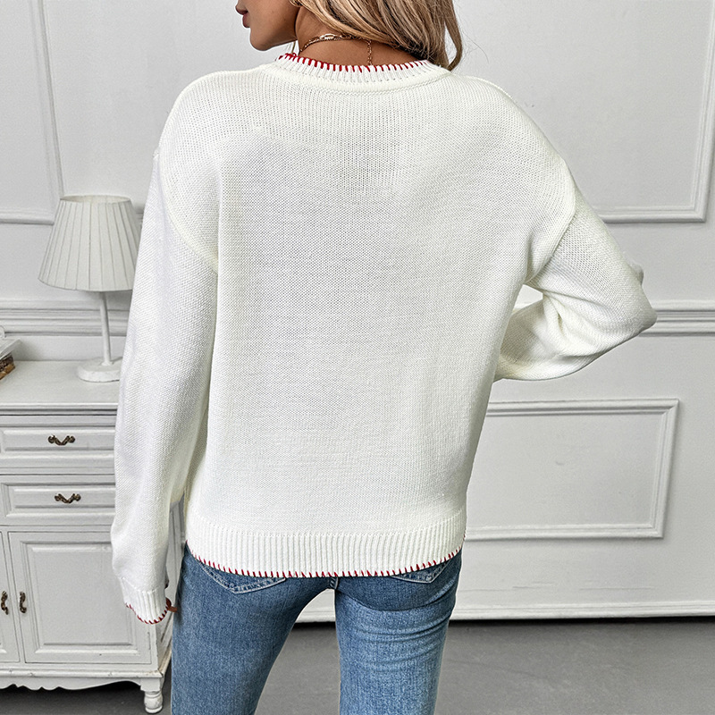 Women's Strawberry Jacquard Knit Sweater - Soft Acrylic Pullover With Loose Fit, Round Neck, Long Sleeves For Casual Comfort_voghion.com